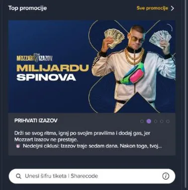 Bočna traka Mozzarta sa aktuelnom promocijom i poljem za unos šifre tiketa
